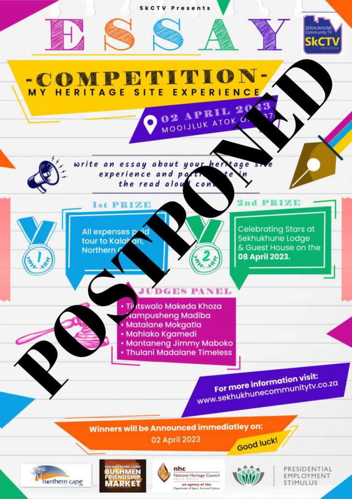 MY HERITAGE SITE EXPERIENCE
Write an essay about your heritage site experience and participate in the read aloud contest.
02 April 2023 at Mooijluk Atok on R37
Winners announced on the same day, 02 April 2023
GOODLUCK!!!!